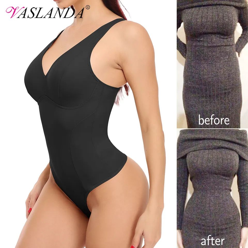 Kvinnors shapers Shapewear bodysuit thong shaper för kvinnor midja tränare kropp shaper djup v hals bantning underkläder inbyggda bh camisoles topps 230324