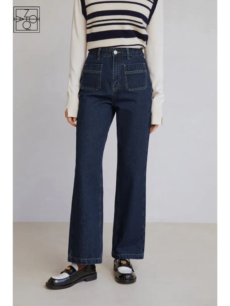 Jeans femme ziqiao bleu foncé rétro jambe large taille haute grande poche desifn hiver épaissir lâche denim jean 230324