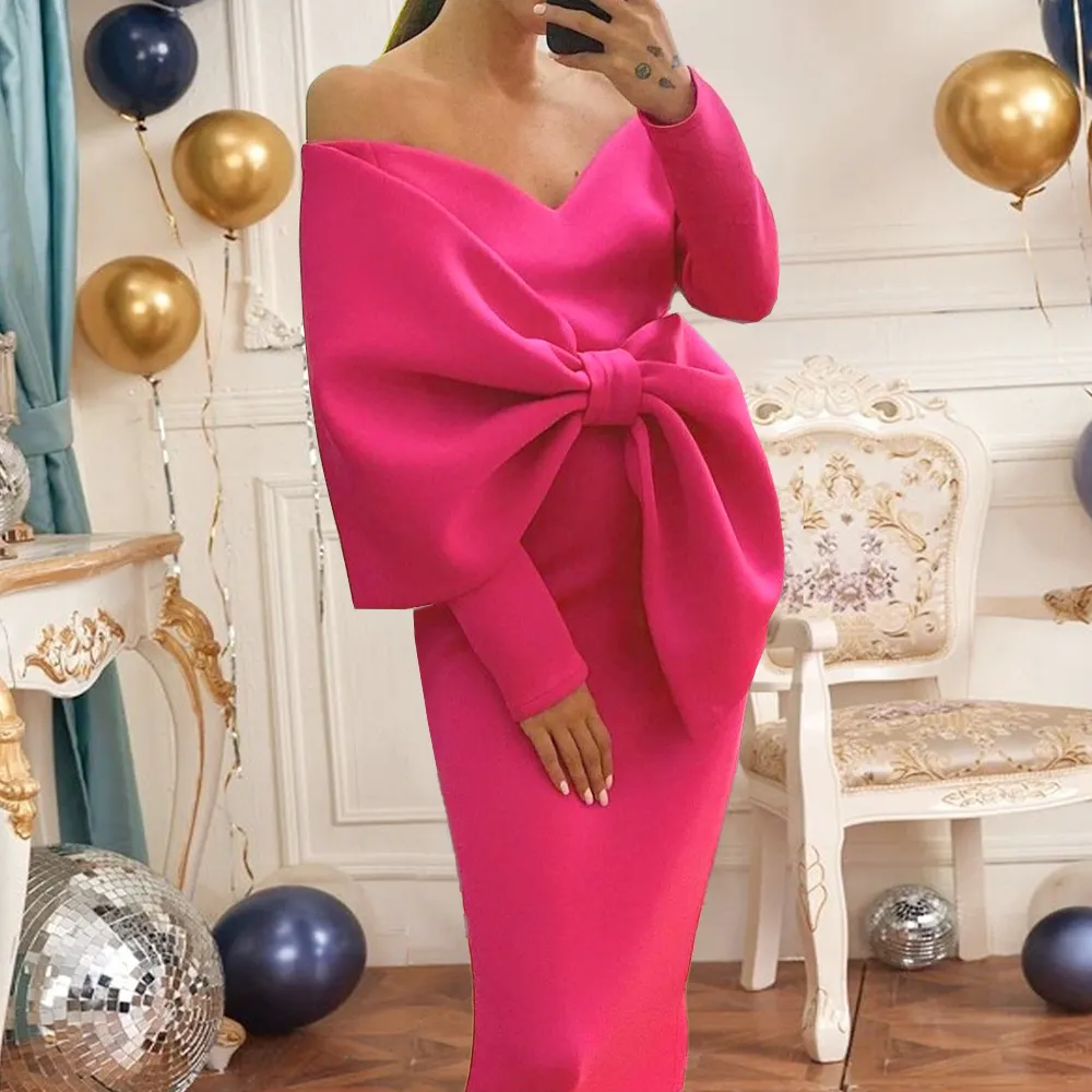 Fuchsia Sheath Prom Dress 2024 Off the Shoulder V Neck Bow Ankle Length Evening  Gown from Dhgate Prom Dresses - price 55.28