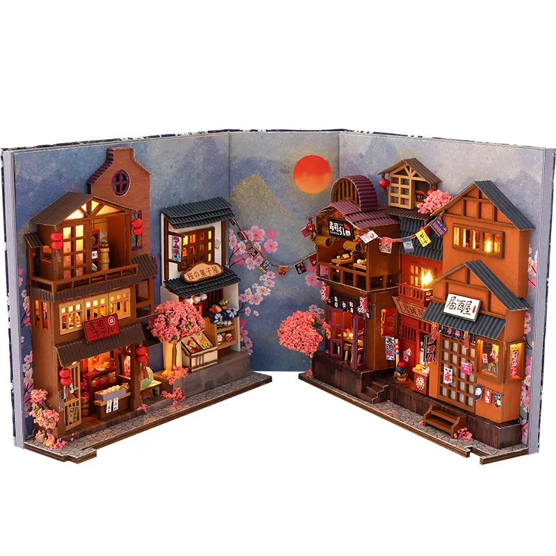 Accesorios para casa de muñecas DIY Tienda japonesa de madera Libro Rincón Estante Insertar Kits Casa de muñecas en miniatura con muebles Flores de cerezo Sujetalibros Juguetes Regalos 230323