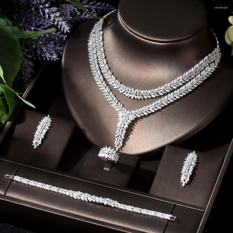 Kolye küpeleri set hibrit çift katmanları 4pcs lüks mücevherler için lüks mücevherler düğün partisi kübik zirkon kristal dubai gelin n-830