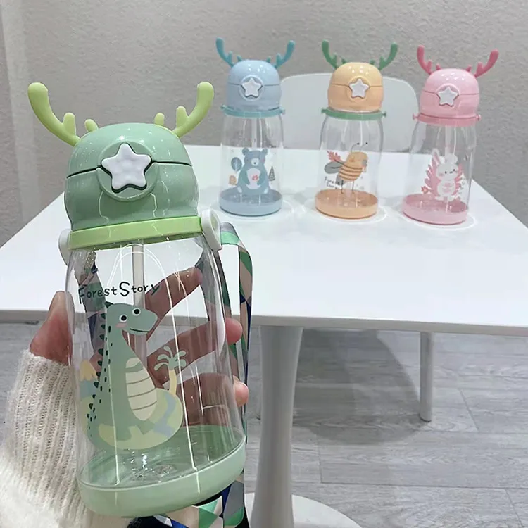 Taza de dibujos animados, taza de agua, botella de agua de plástico de Color infantil de alta capacidad con pajita, venta al por mayor