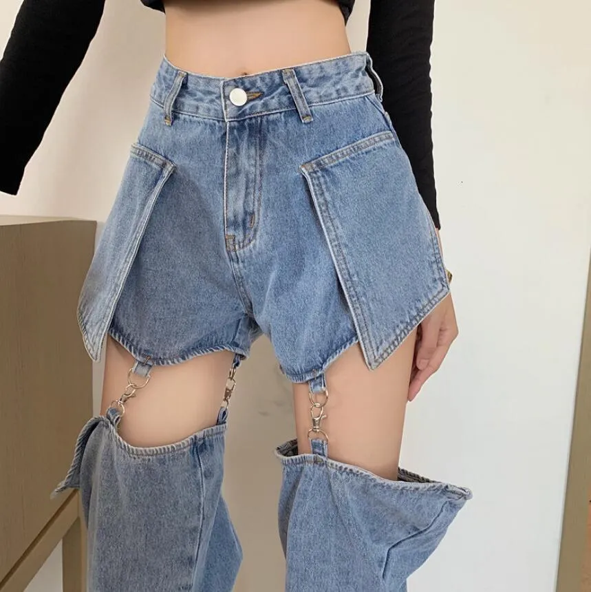 Kvinnors jeans Jeans raka löst höga midja smala byxor Spring Thin Design Löstagbara shorts Harajuku Kpop S615 230324