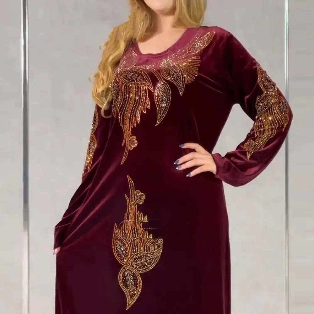 Ethnic Clothing Elegant Velvet Evening Dresses for Women 2023 Winter Long Sleeve Kaftan Maxi Dress Abaya Dubai Turkey Muslim African Clothes 230324