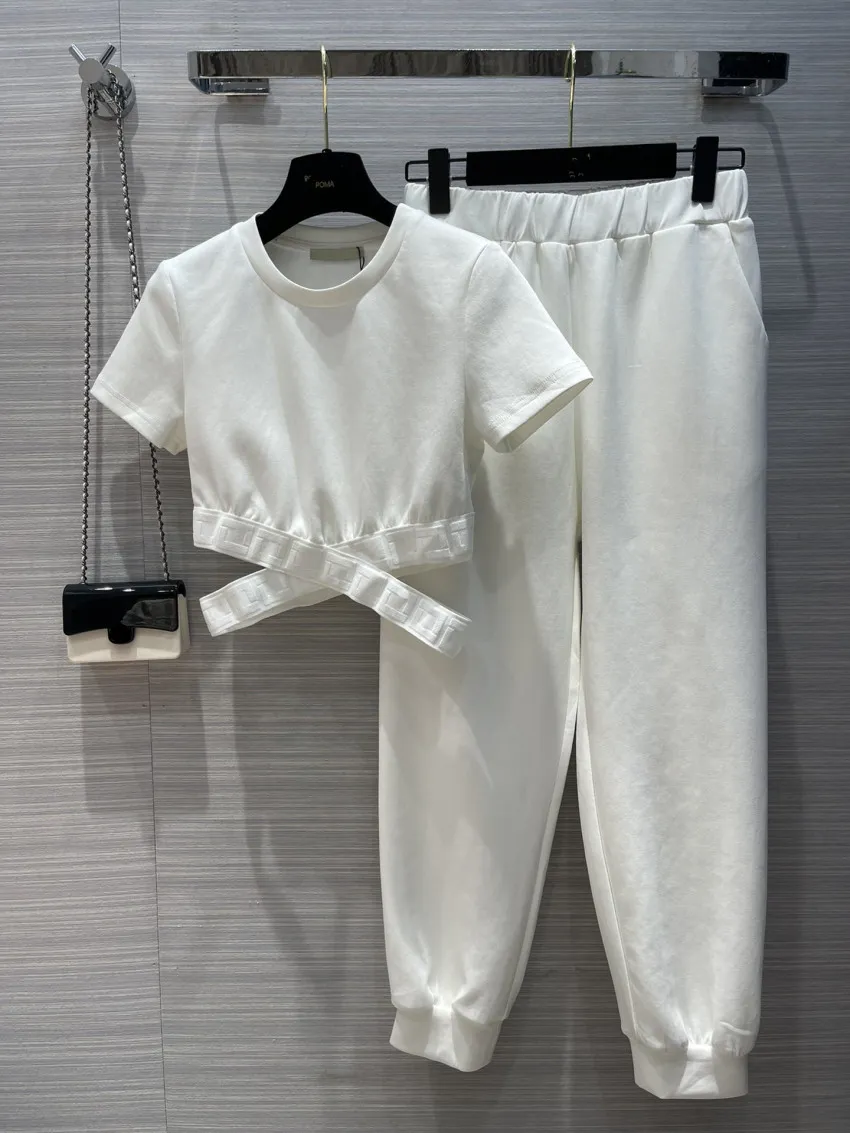 Kvinnor Tracksuits Short Sleeve Pants Set Summer Sports Suit Belly-knappen Sexig topp Pure Cotton Girls Sisterkläder SML