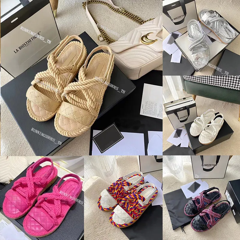 Designer Women Sandals Blade Sandal Hemp Rope Woven Metal Chain Slides Platform Slippers Elegant Simple Material Slipper with Box