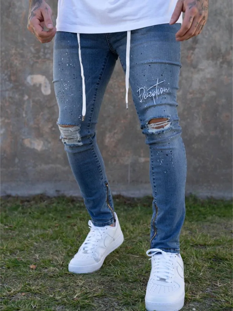 Jeans pour hommes Hommes Genou Trou Ripped Stretch Skinny Denim Pantalon Solide Couleur Broderie Bas Zipper Style Hip-Hop Slim Fit Homme PantalonHomme