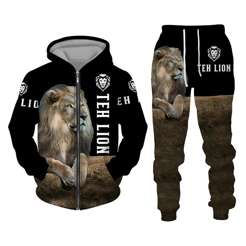 Autumn and Winter Men's Tracksuit 3D Lion Print dragkedja hoodies tröjor byxor sätter avslappnade herrkläder kvinnors träning011