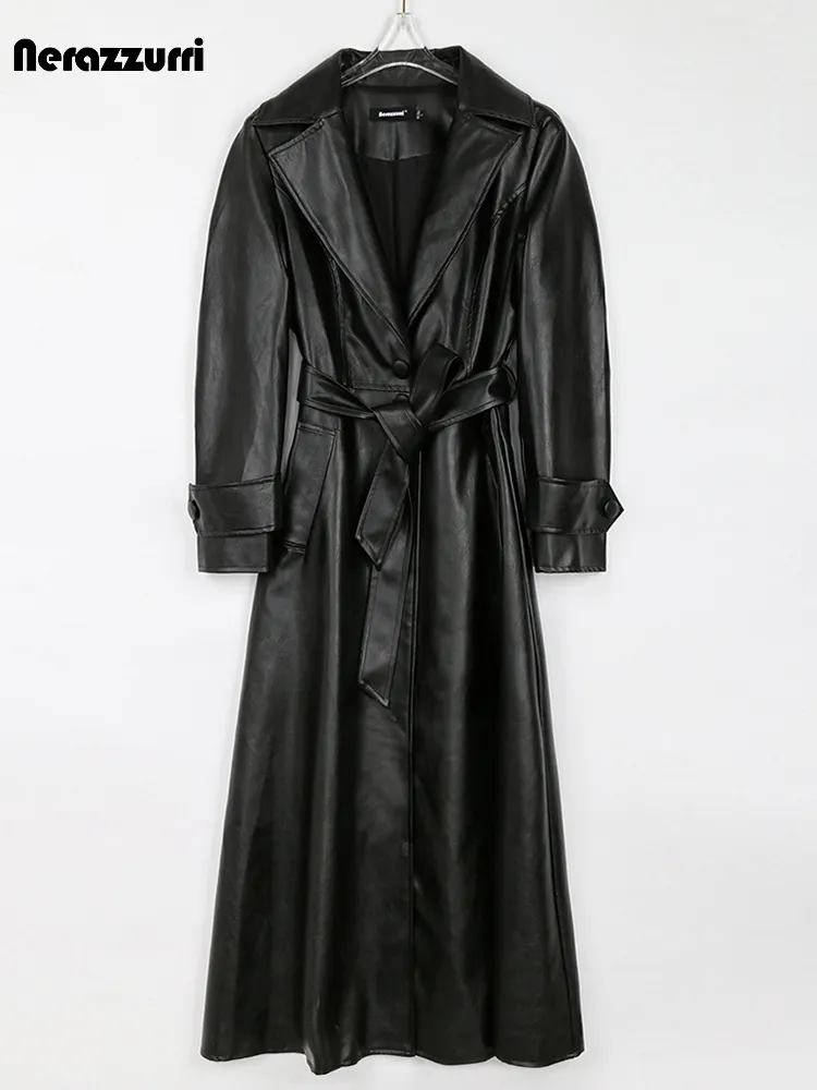 Jackets femininos Nerazzurri Spring Autumn Long preto PU Couather Trench para mulheres faixas únicas de luxo de luxo elegante.