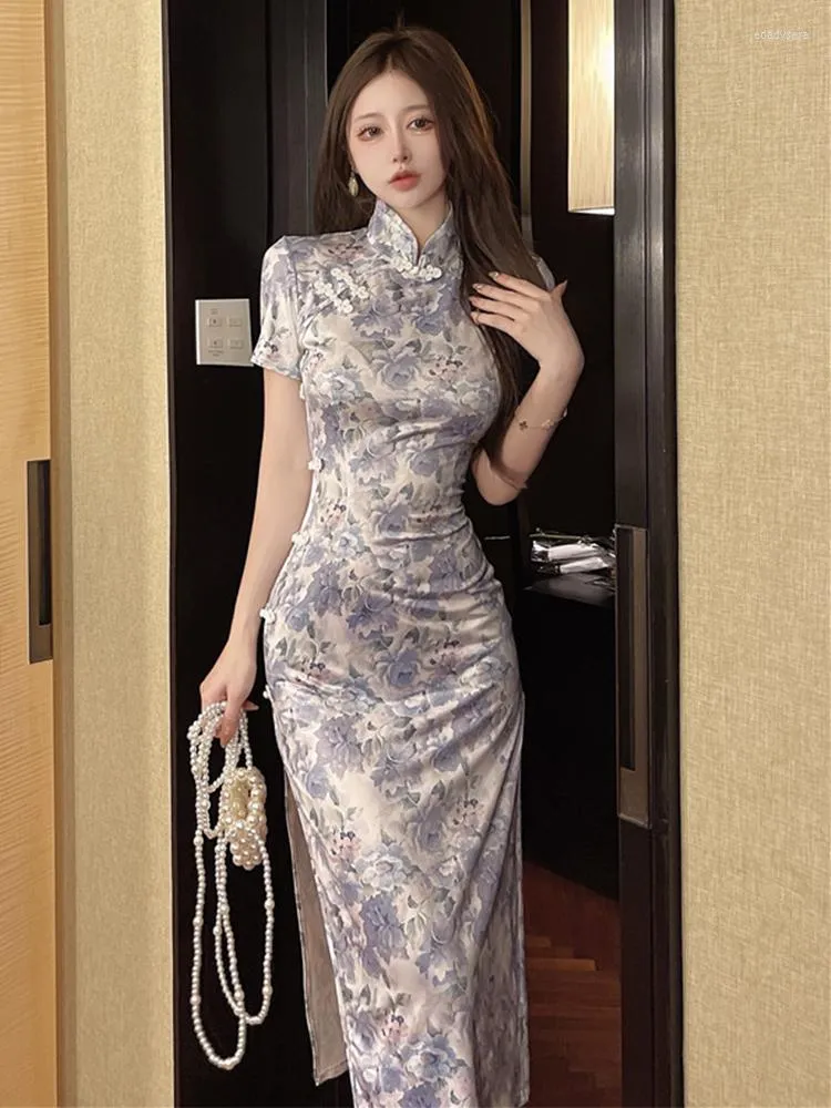 Vestidos casuais China cheongsam elegante vestido corporcon mulheres stand stand de pescoço de manga curta Midi Floral Robe Slim Fit Vestidos sexy