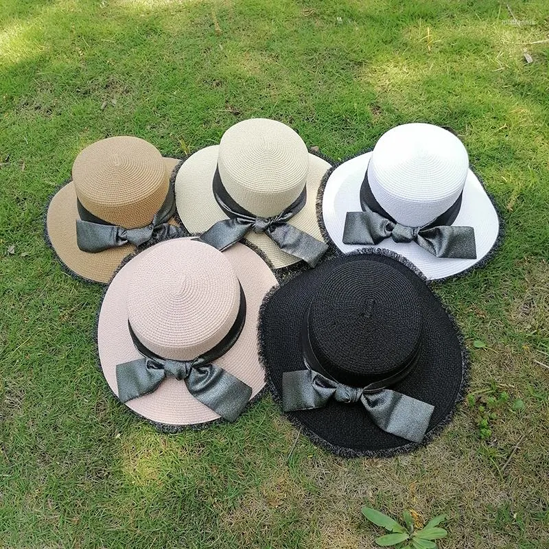 Wide Brim Hats 2023 Straw Four Seasons Beach Hat Female Casual Lady Women Flat Bowknot Cap Girls Bow Decorative Sun