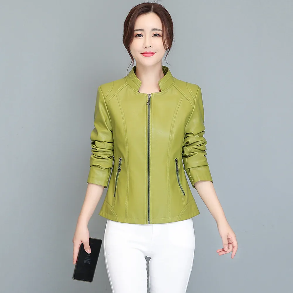 Chaquetas de mujer, bonita chaqueta de cuero para mujer, moda de primavera y otoño, abrigo corto de piel de oveja con cuello levantado pequeño, prendas de vestir exteriores ajustadas elegantes divididas 230324