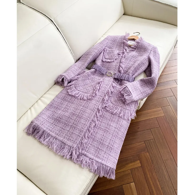 Spring V Neck Tweed Belted Tassel Trench Coat Solid Color Purple 65% Wool Long Sleeve Pockets Long Outwear Coats J2O0591311