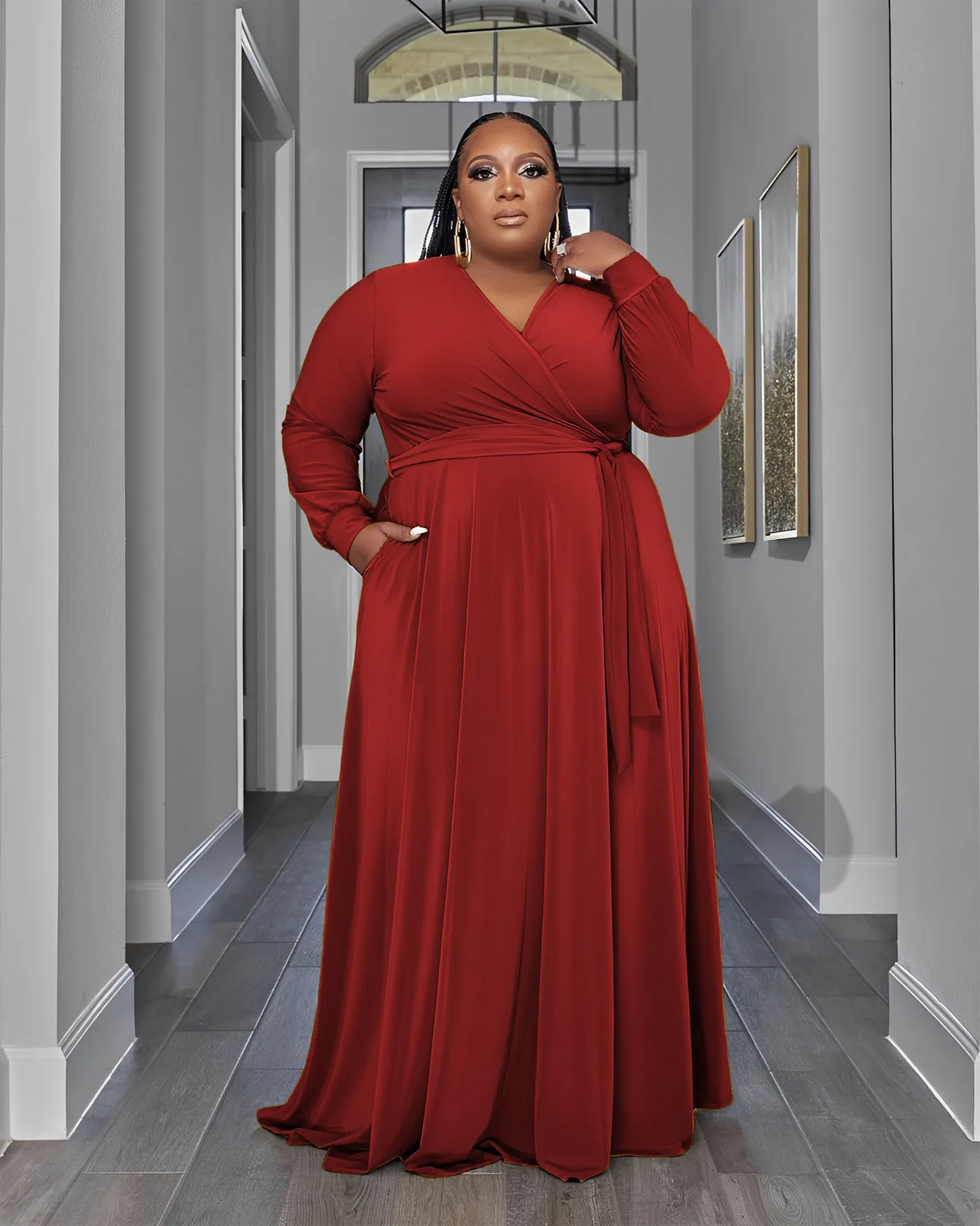 Robes grande taille Robe de grande taille mode luxe robe de soirée soirée solide à lacets col en v grande taille femmes vêtements à manches longues complet 230325