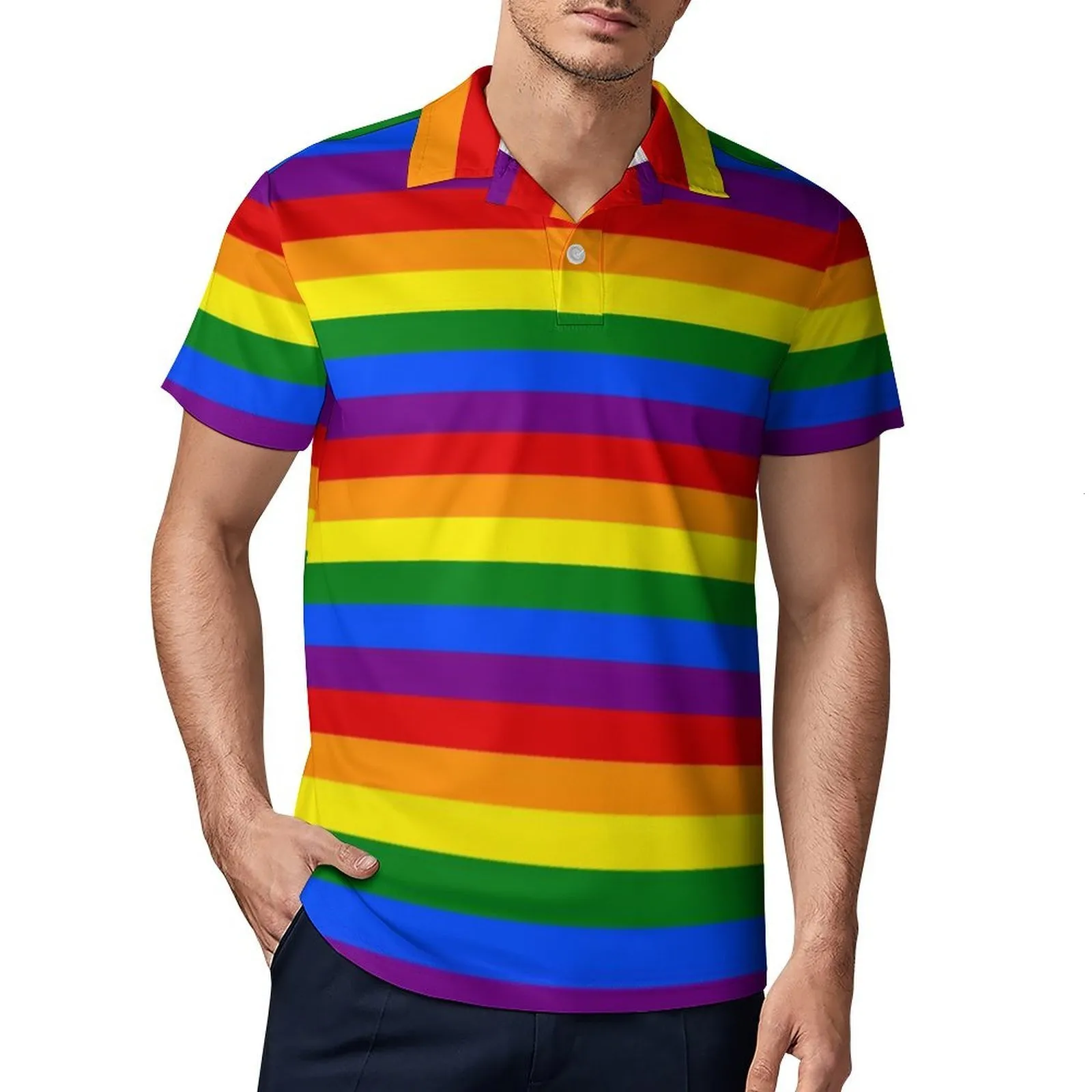 Polos de polos masculinos bandeira de arco-íris colorida camisetas casuais casuais orgulho gay LGBT Modern Pattern Polo Camisa Turn Down Collar Rodty camisa de verão Men 230325