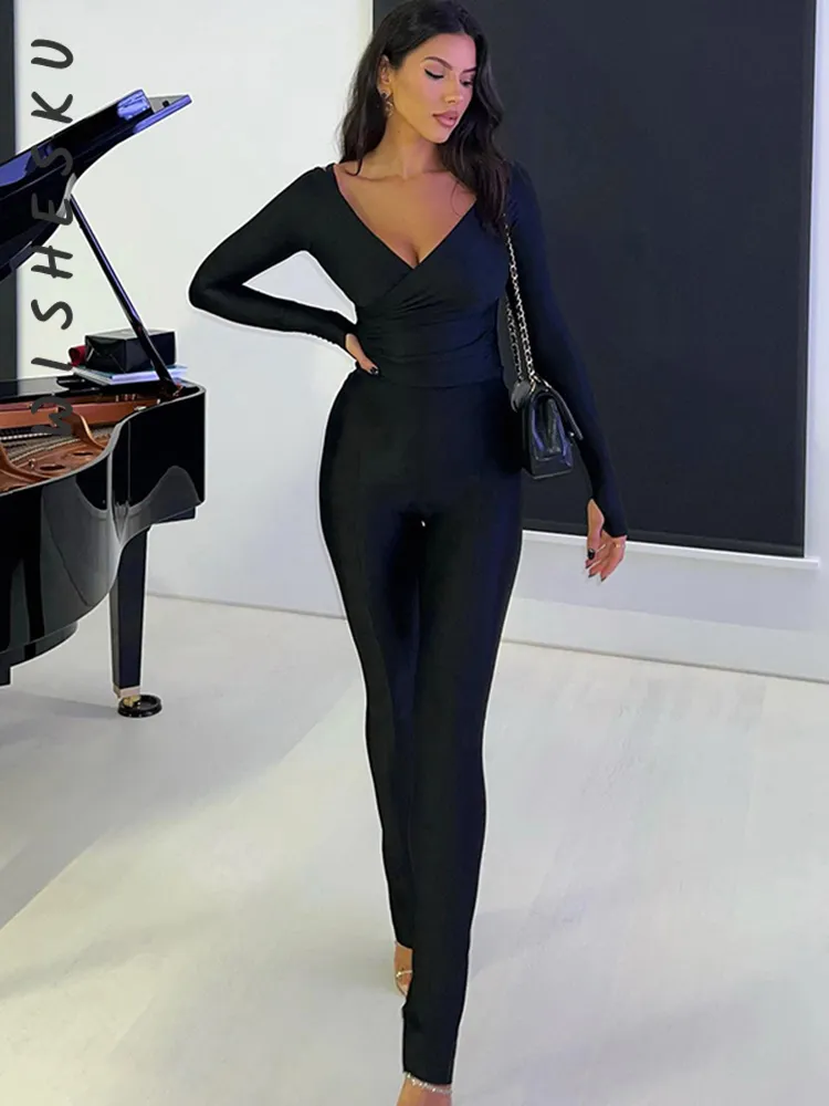 Pantalon de deux pièces pour femmes Ensemble Femmes Survêtements Sexy Col V Crisscross À Manches Longues Corset TopTaille Haute Split 2023 Printemps Automne 230325