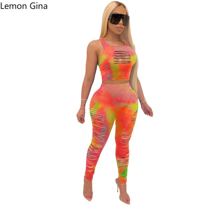 Kvinnors spårningsdräkter Lemon Gina Tie Dye Print Set Hole Hollow Out Tank Tops Jogger Pants Suit Tracksuit Fitness Matching Sport Outfit