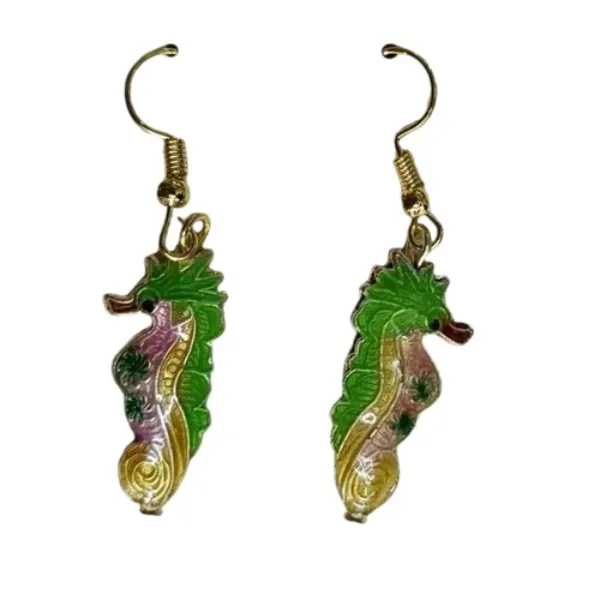 Personalized Cloisonne Enamel Seahorse Charms Earrings Wholesale Sea Animal Jewelry Traditional Handcraft Dangle Eardrop Ear Accessories Women Gift 10 pairs/lot