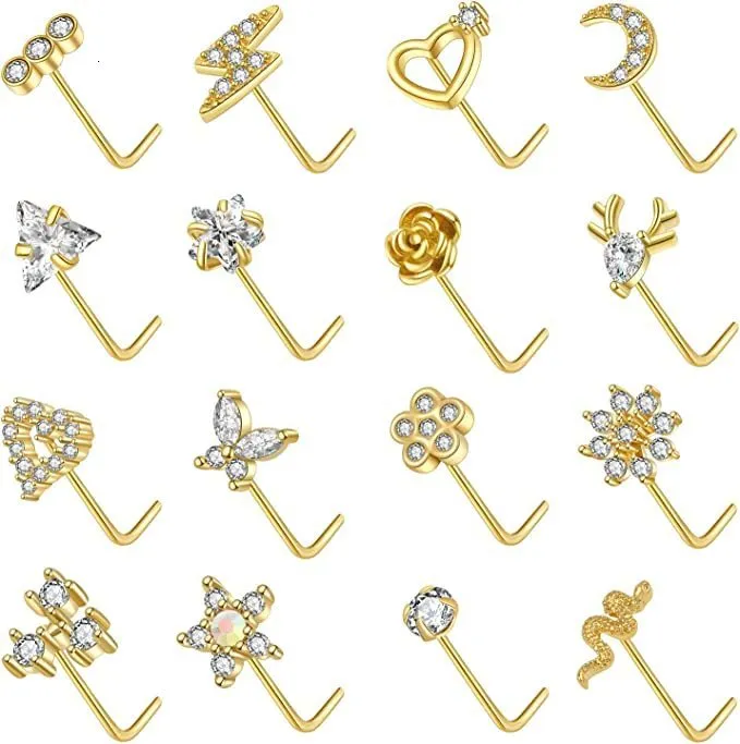 Nose Rings Studs L Shape Ring Gold Silver Screw S Pin CZ Butterfly Heart Moon Flower Piercing Jewelry for Women Men 230325