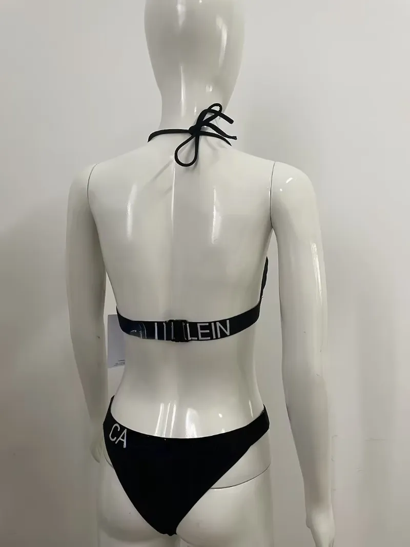Women's Bras Sets Brand Letter Embroidery Black Sexy Bikini Set T-back Underwear Swimwear Beach