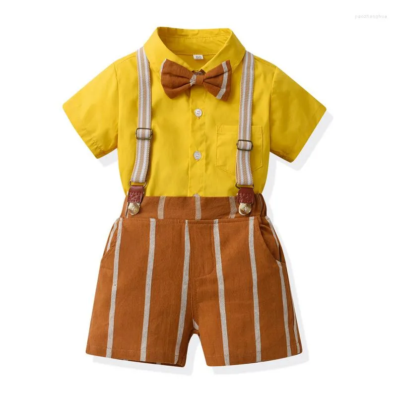 Kleidung Sets Sommer Kleinkind Jungen Gentleman Kurzarm Bowtie Hemd Tops Hosenträger Shorts Kinder Jungen Kleidung Outfits