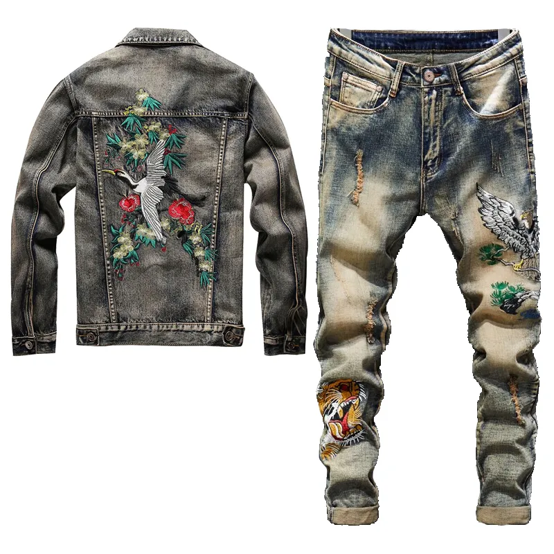 Retro Blue Tracksuit Spring Autumn Embroidered Crane Men's 2pcs Pant Sets Fashion Slim Fit Denim Jacket and Stretch Jeans