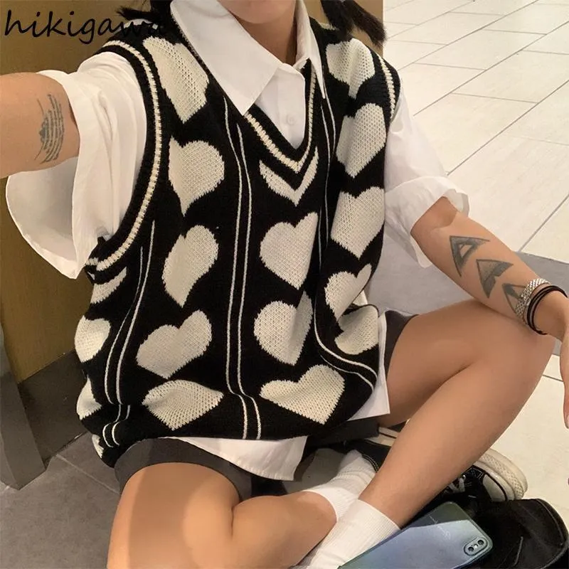 Kadın Yelekleri Hikigawa Koreli Vintage Sweater Gevşek V-Neck örgü Yelek Y2K Büyük boy tank üstü aşk üstü Baskı Sweaters Sonbahar Moda HARDIGAN 220325