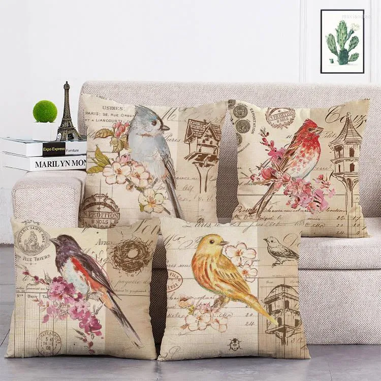 Federa per cuscini decorativi stile vintage Fiori retrò Uccelli Lino Decorazione per la casa Federa T344