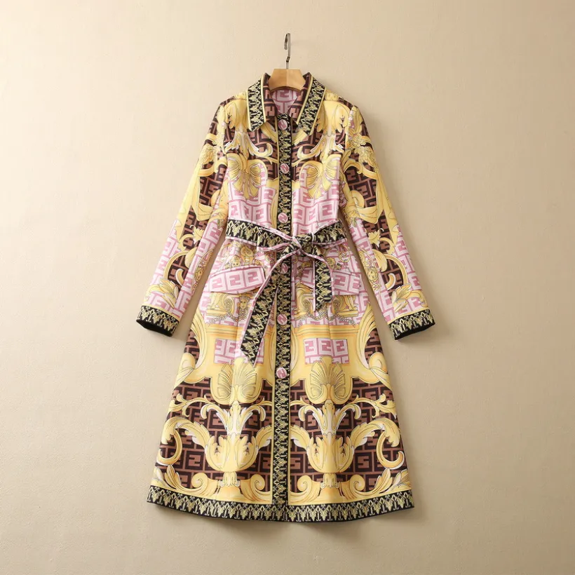 Spring Lapel Neck Pink Paisley Print Belted Trench Coat Khaki Long Sleeve Buttons Single-Breasted Long Outwear Coats S2O08CT