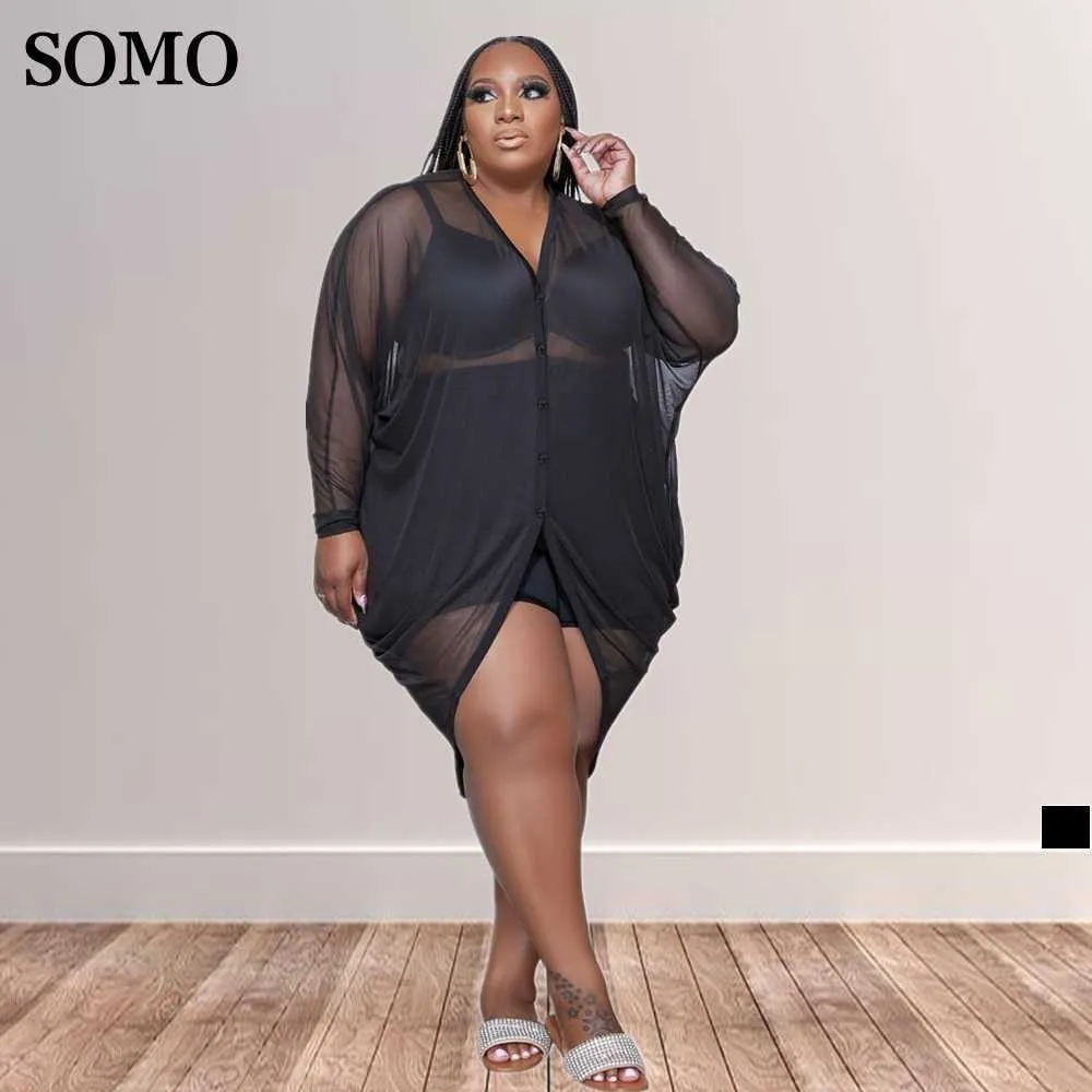 Plus Size Dresses Clothing Dress for Fat Women Black See Through Long Sleeve Sexy Irregular Midi Wholesale Dropshipping 230307