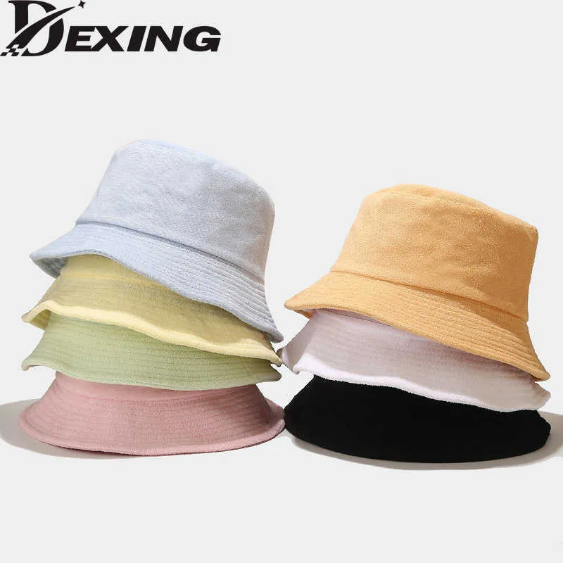 Wide Brim Hats 2022 Autumn Terry Cloth Towel Bucket Hat Women Men Candy Colors Panama Sun Fisherman Hat P230311