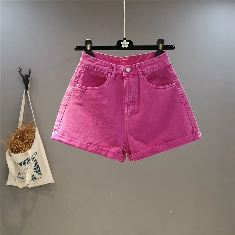 Kvinnors shorts sommar rose rosa denim shorts kvinnors godis färg bred ben krullade tunna jeans byxor mode damer sexiga gula bottnar 230325