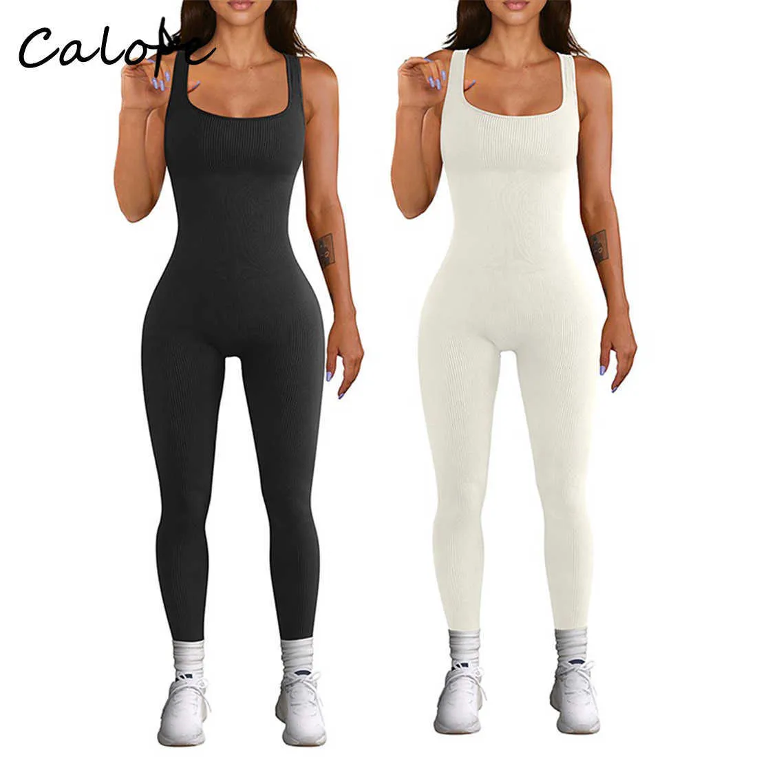 Survêtements pour femmes Y2k Vêtements Combinaisons moulantes pour femmes 2023 Sans manches Col carré Barboteuses côtelées Salopette Sports Yoga Fitness Set Z0325