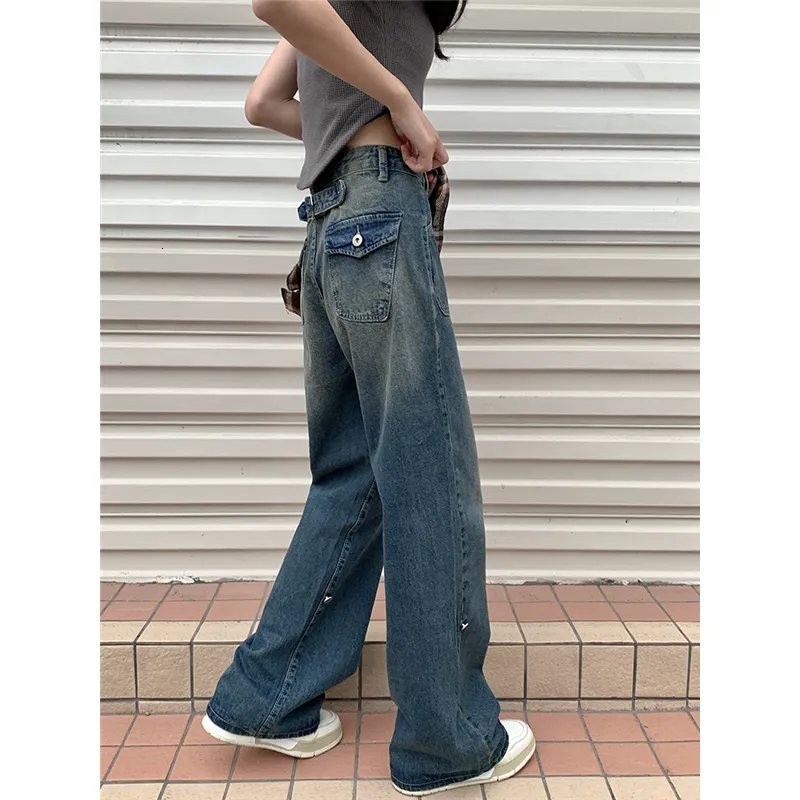 Damen-Jeans, blau, gerade Jeans für Damen, hohe Taille, amerikanischer Stil, Streetwear, Vintage-Hose, schickes Design, lässige Damen-Denim-Hose mit weitem Bein, 230325