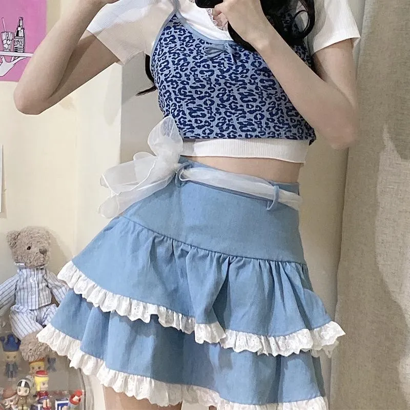 Richkeda Store 2023 falda Kawaii Denim corto dulce encaje vestido de baile lindo Lolita azul línea A Mini falda faldas