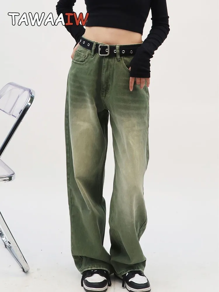 Kvinnors jeans tawaaiw amerikanska retro baggy jeans kvinnor botten grön lös rak pojkvän jeans för kvinnor unisex denim byxor y2k feminino 230325