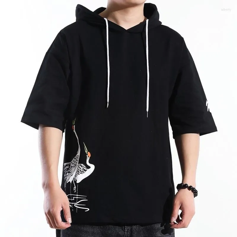 Ethnic Clothing Men Hooded T Shirt Solid Half Sleeve Loose High Quality Casual Chinese Style T-Shirts Vintage Cotton Hanfu S-5Xl 10692