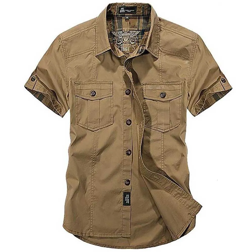 Men's Casual Shirts Fashion Cotton Summer Men Plus Size Loose Baggy Short Sleeve Turn-down Collar Military Style Male Clothing 230325