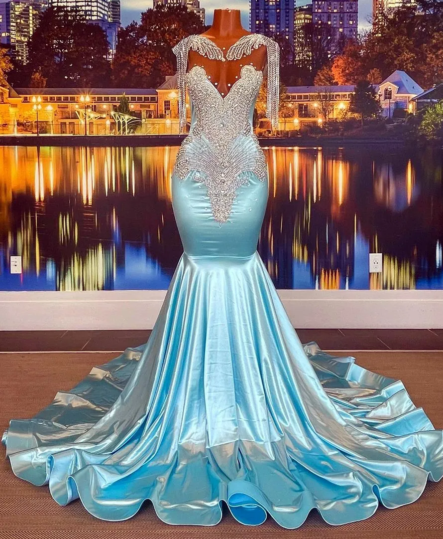 2023 Árabe Aso ebi Crystals Crystals Dresses de baile Mermaid Backless Evening Festa formal Recepção Vestidos de noivado de aniversário ZJ5505