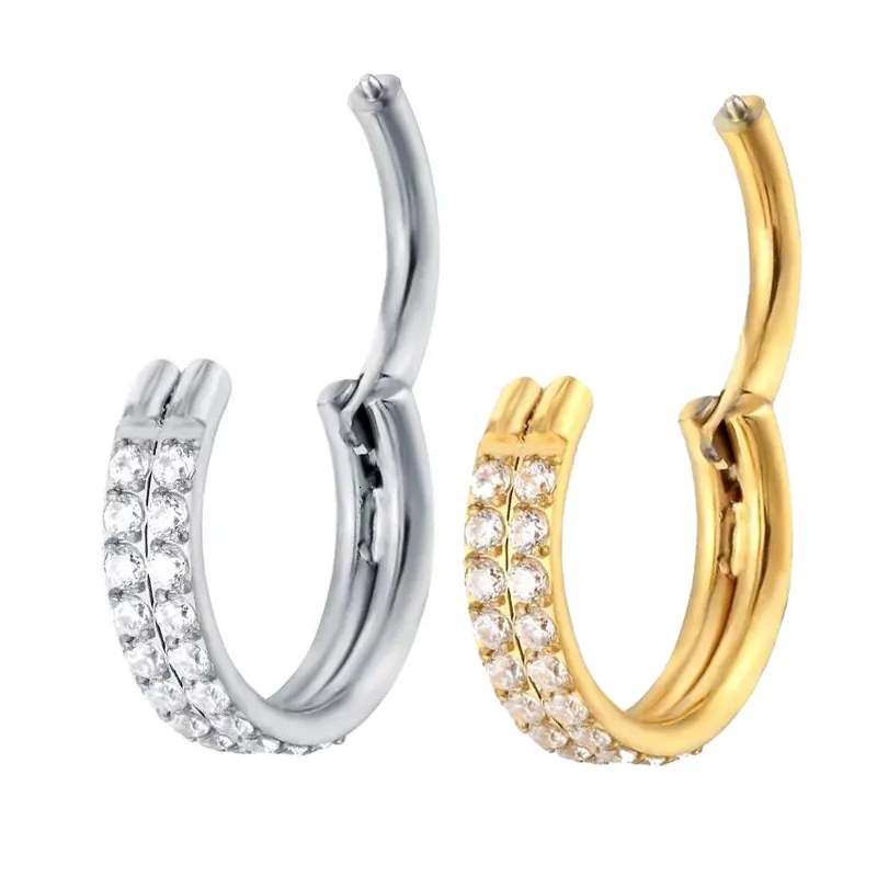 Anneaux de nez goujons G23 piercing Double rangée pierre de Zircon qualité supérieure Segment haut ouvert petit Septum oreille bijoux 230325