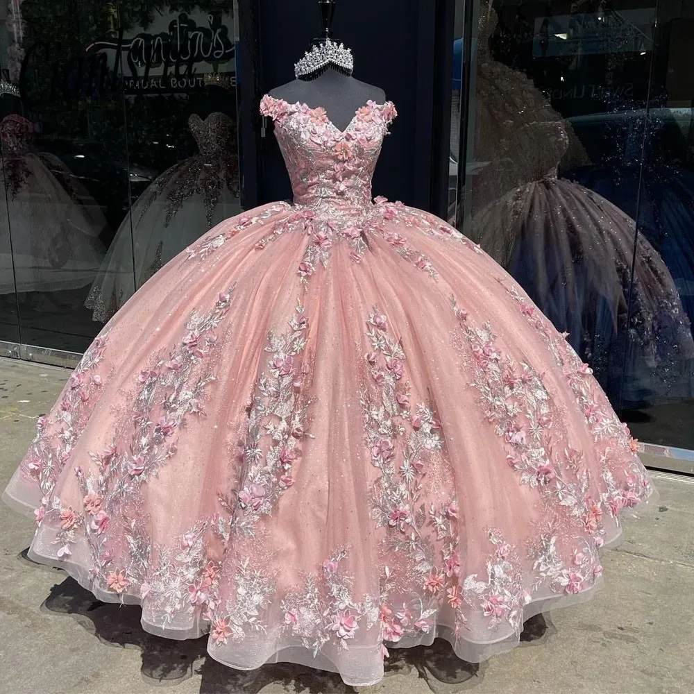 Pink Pink Floral Quinceanera Dresses With 3D Floral Lace Applique, V