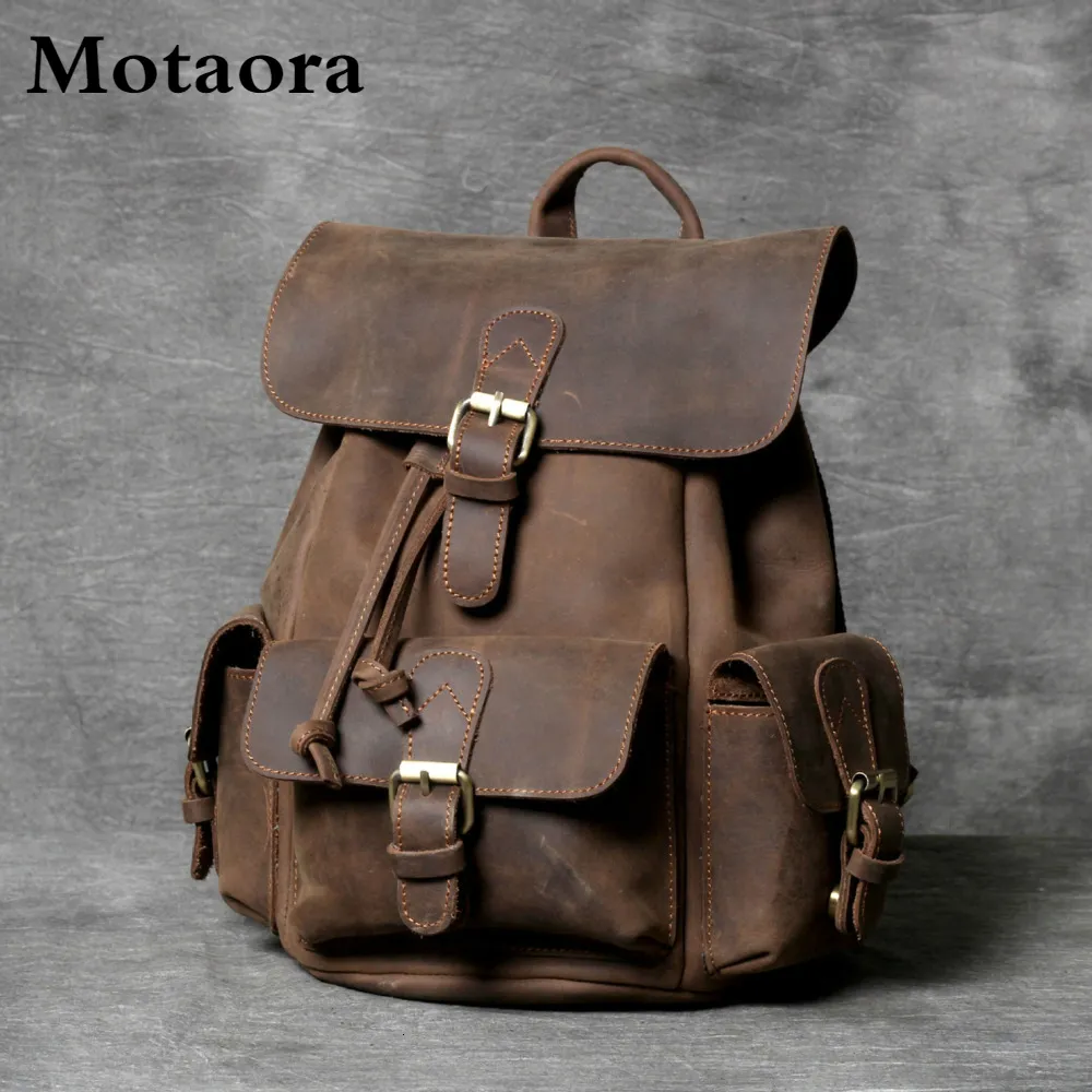 Backpack Motaora Plecak damski Crazy Horse Cowhide Torby dla kobiet ręcznie robione oryginalne skórzane plecaki na 11 -calowe iPad Pro Retro Casual Bag 230324