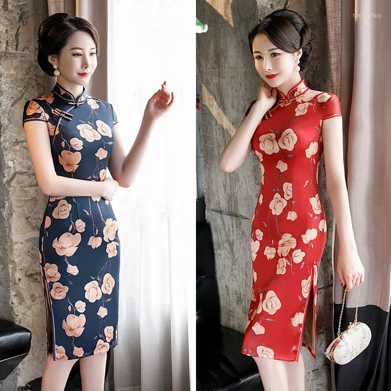 Ubranie etniczne vintage satynowy cheongsam szczupły kołnierz mandarynki letnie vestidos krótkie rękawy qipao chińskie tradycyjne sukienki dla kobiet