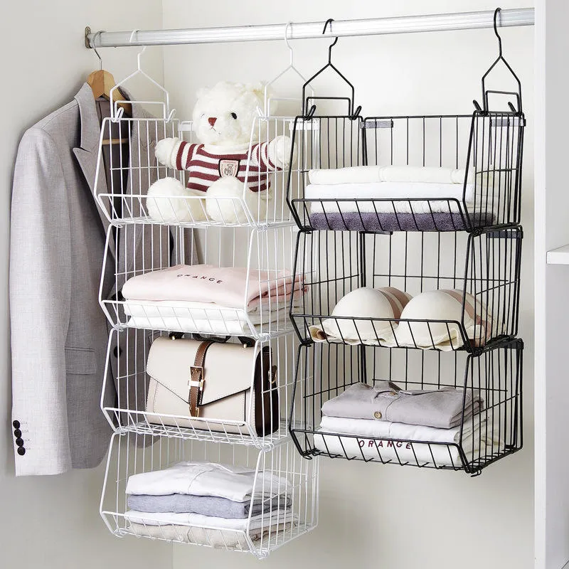 Foldable Hanger Closet Storage Rack Clothes Wardrobe Hanging Basket Cabinet Iron Frame