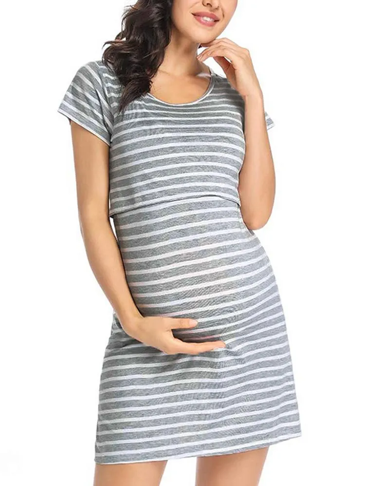 Zwangerschapsjurken Zomerjurk Zwangere dames korte mouw gestreepte print Verpleging voor borstvoeding Ropa Premama Verano