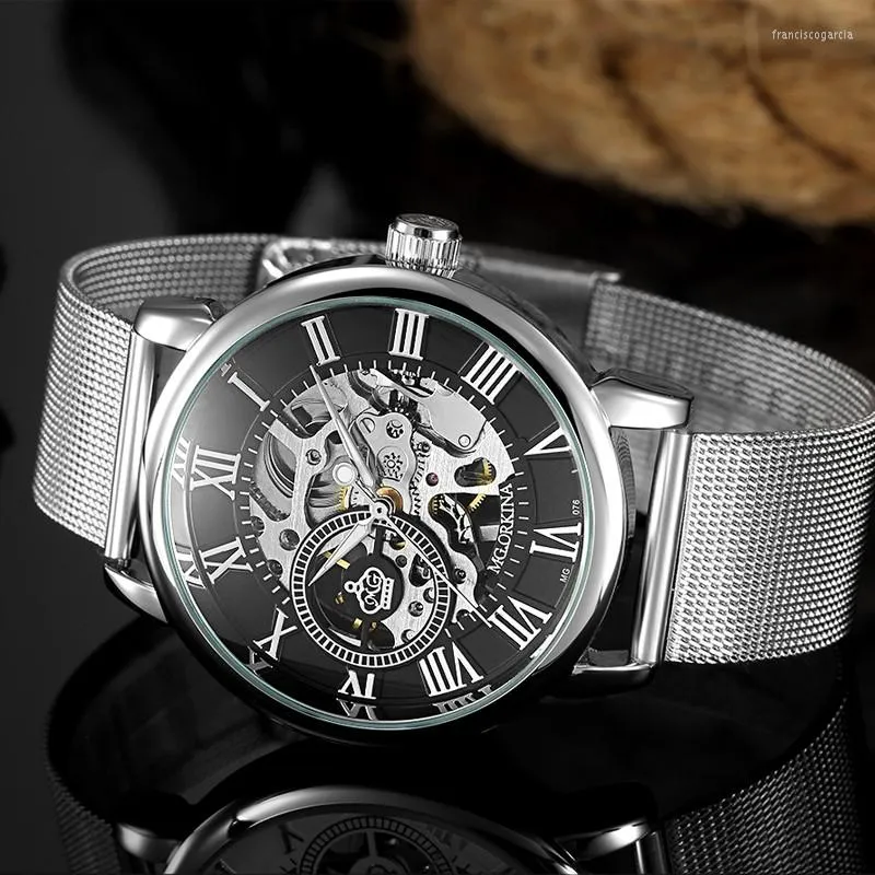 Armbandsur orkina titta på män mode skelett klockor svart rostfritt stål mesh band mekanisk hand vind reloj hombre