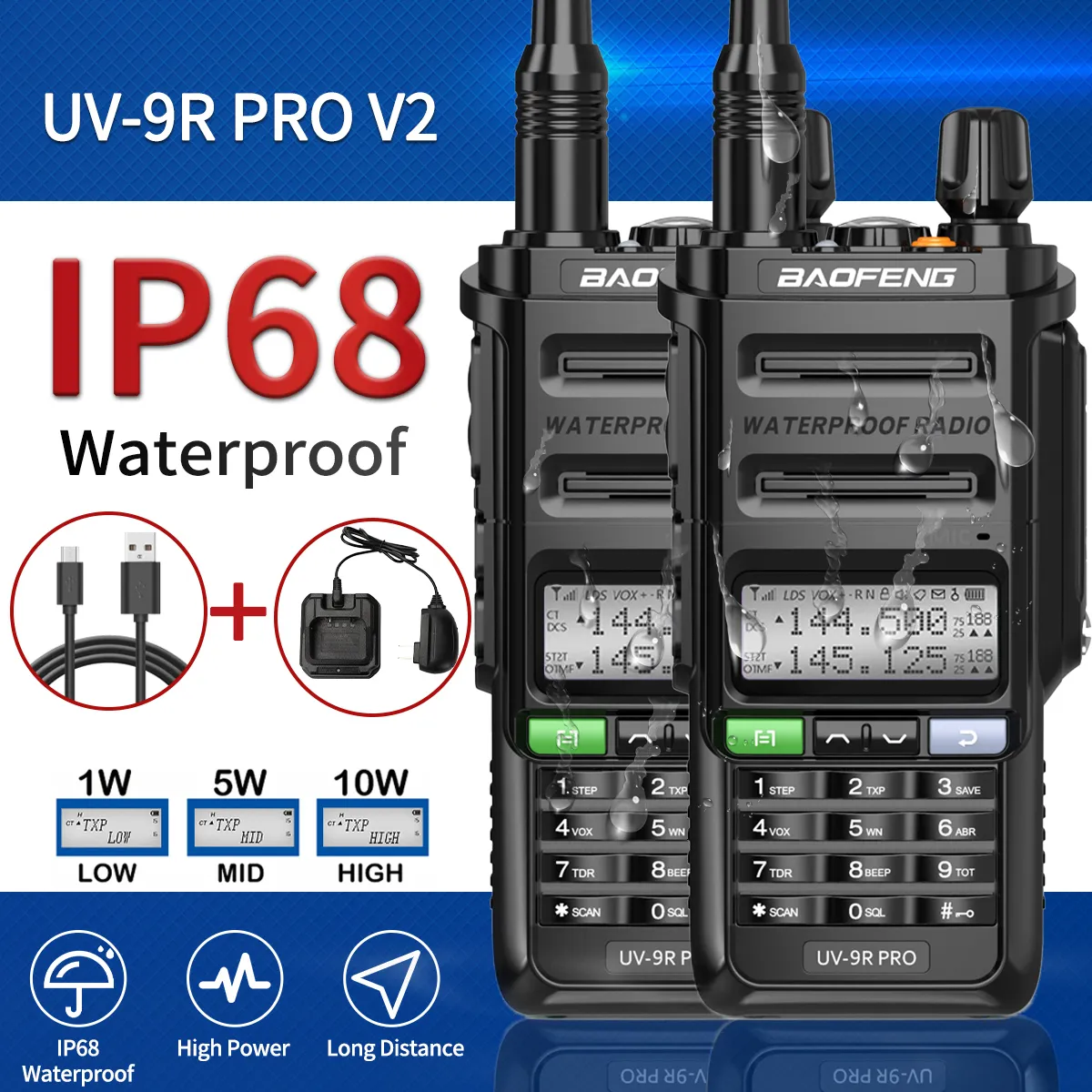 Uv9r Pro V2 10w Talkie-walkie Ip68 étanche 50km longue portée radio  bidirectionnelle antenne haute puissance vhf