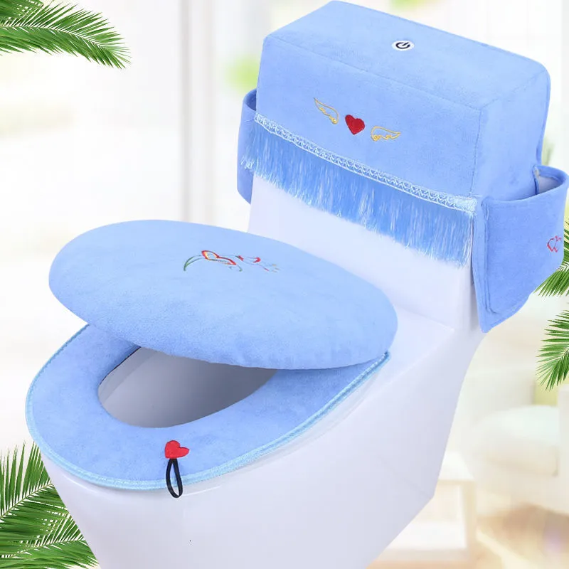 Toilet Seat Covers 3 Pcs Set Embroidery Soft Velvet Mat Overcoat Case Water Tank Dustproof Ring Pad 230324