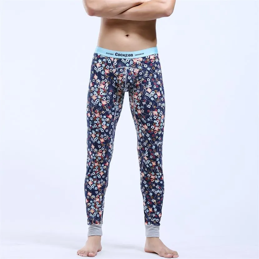 Printed Men's Thermal Underwear Cotton Long Johns Pants Sexy Pouch Men Legging Tight Pajama Bottom Sleep Pant Low Rise Wangji2702