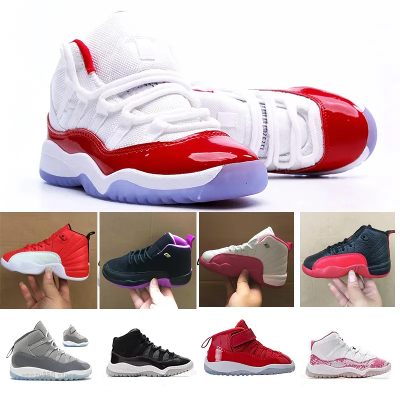 Med Box Kids Shoes TD Jumpman 11 Cherry 11s Cool Grey 12 12S Influense Svart Deadly Pink Red Athletic Sneakers Kid Darling Baby Shoe